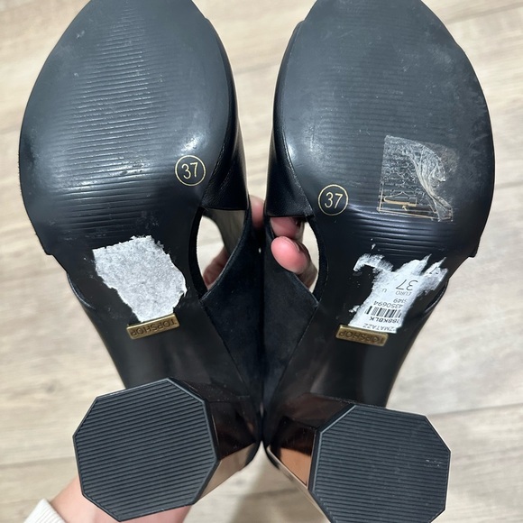 Topshop Razzmatazz black suede mule heel gold-tone geometric block heel spring 7 - Picture 6 of 6